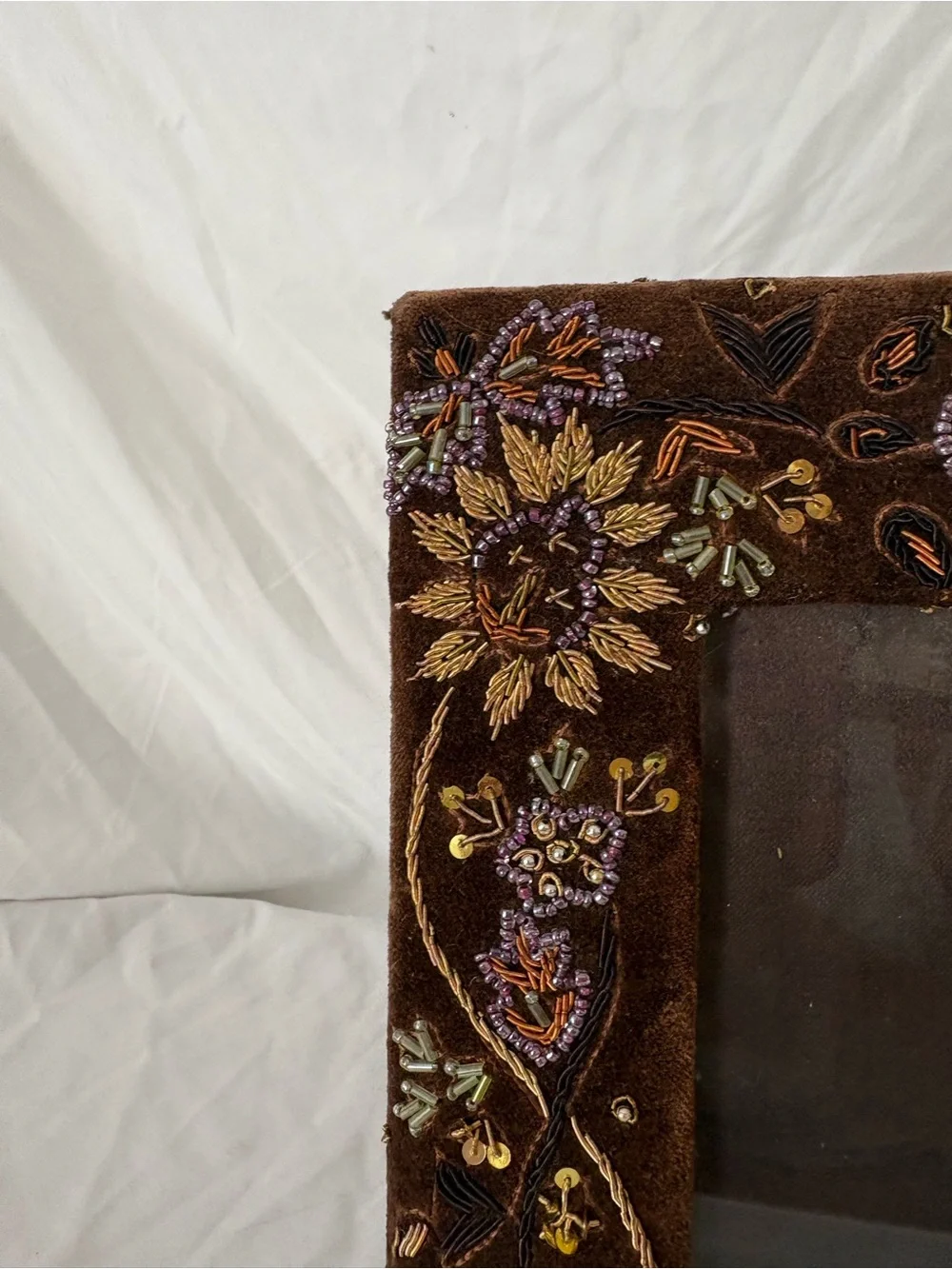 Vintage 90s beaded whimsygoth picture frame velvet embroidered floral home decor